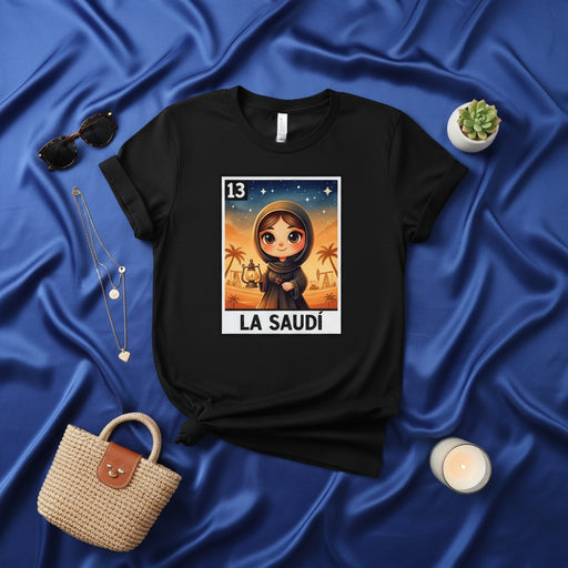 LA SAUDÍ Loteria Card Unisex T-Shirt - Cute Cartoon Saudi Woman Desert Night Sky Art Graphic Tee, Black Arabic Culture Inspired Print Shirt Mexicada