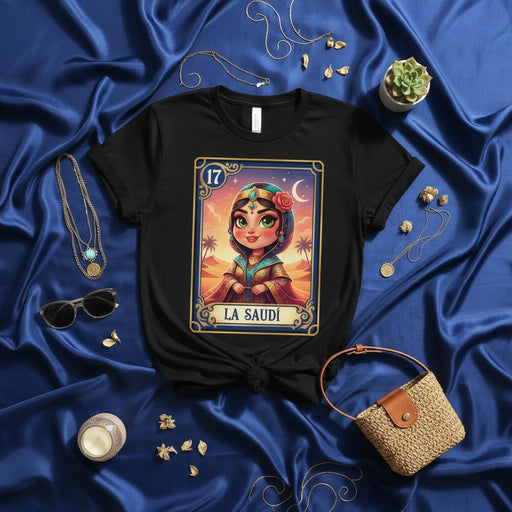 LA SAUDÍ Middle Eastern Desert Princess Loteria Card Art Unisex T-Shirt - Cute Arabian Woman Design Tee Shirt - Unique Mexican Bingo Style Game 17 Top Mexicada