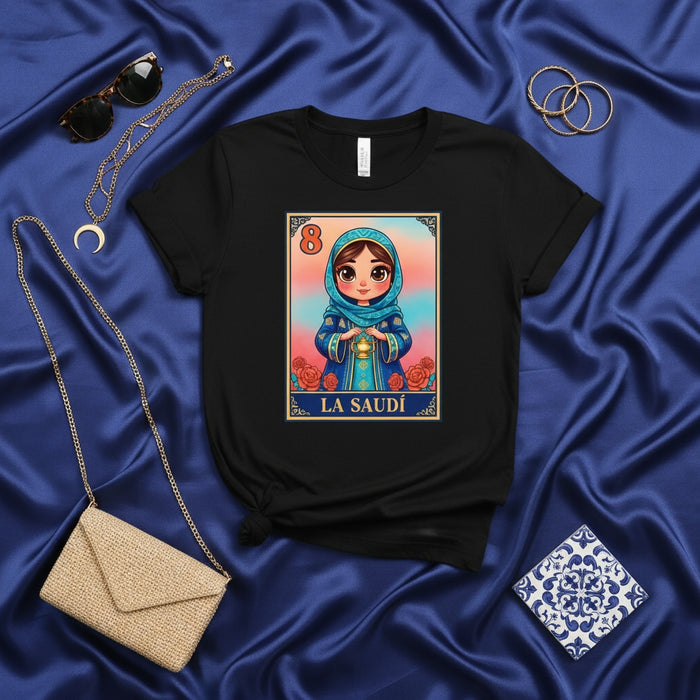 LA SAUDÍ Middle Eastern Woman Saudi Loteria Card T-Shirt Cute Arabic Girl Mexican Bingo Game Culture Tee Traditional Blue Head Scarf Outfit Gift Idea Mexicada