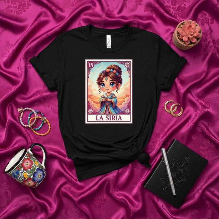 LA SIRIA Cute Chibi Girl Loteria Card T-Shirt Unisex Mexican Bingo Game Design Apparel Traditional Art Inspired Tee for Women and Men Mexicada