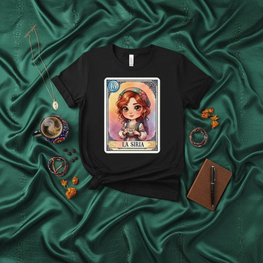 LA SIRIA Cute Chibi Redhead Girl Loteria Card 13 Unisex T-Shirt Arabic Woman Syrian Heritage Inspired Folk Art Graphic Tee Mexicada