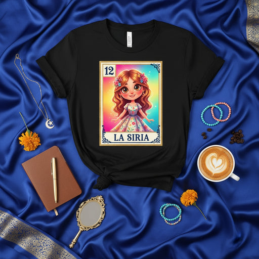 LA SIRIA Cute Girl Loteria Card T-Shirt | Mexican Bingo Game Graphic Tee | Fun Colorful Design Unisex Shirt | Kawaii Style Floral Dress Gift for Her Mexicada
