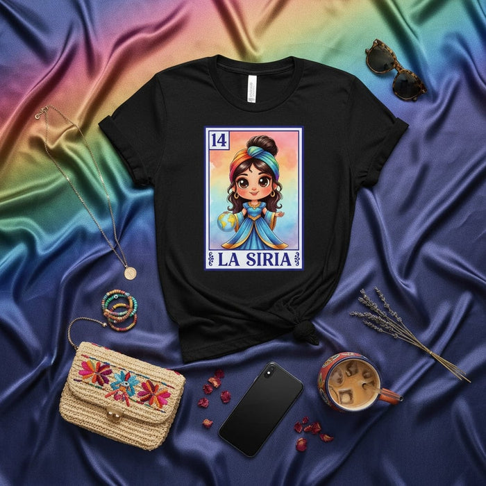 LA SIRIA Lotería Card 14 Cute Girl T-Shirt, Mexican Bingo Game Inspired Apparel, Unique Hispanic Culture Graphic Tee, Unisex Mexicada