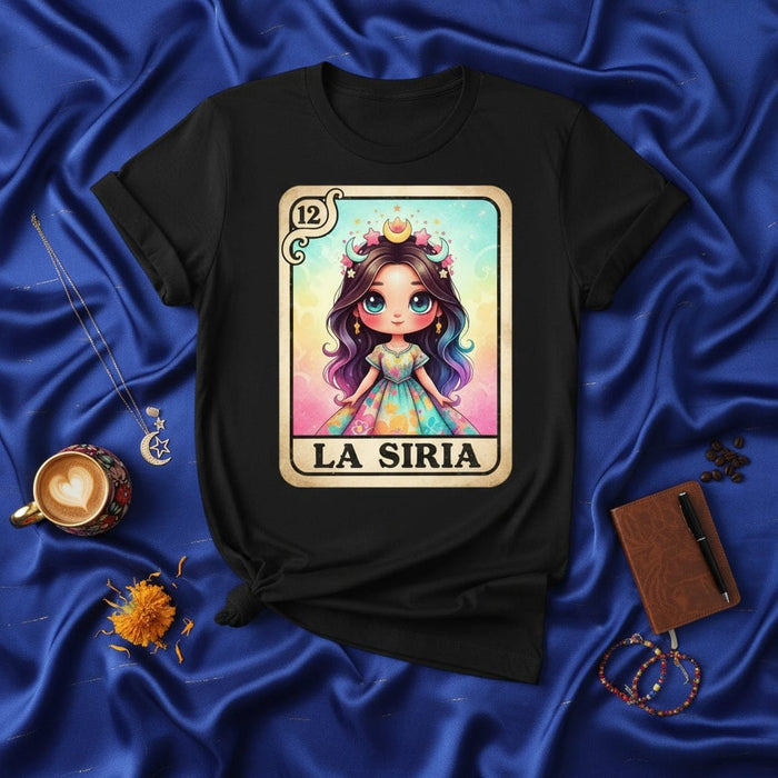 LA SIRIA Loteria Card T-Shirt Cute Magical Girl Cartoon Design Unisex Graphic Tee Mexican Bingo Game Inspired Apparel Mexicada