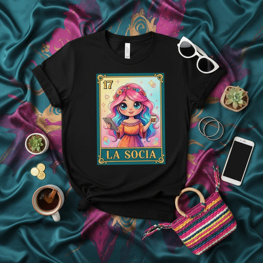 LA SOCIA 17 Loteria Card T-Shirt Cute Cartoon Girl Holding Tablet Coffee Latina Entrepreneur Small Business Owner Tee Unisex Graphic Print Shirt Mexicada