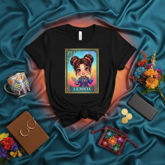LA SOCIA Cute Chibi Entrepreneur Loteria Card T-Shirt, Mexican Bingo Game Inspired Unisex Graphic Tee, Latina Business Owner Gift Apparel Mexicada