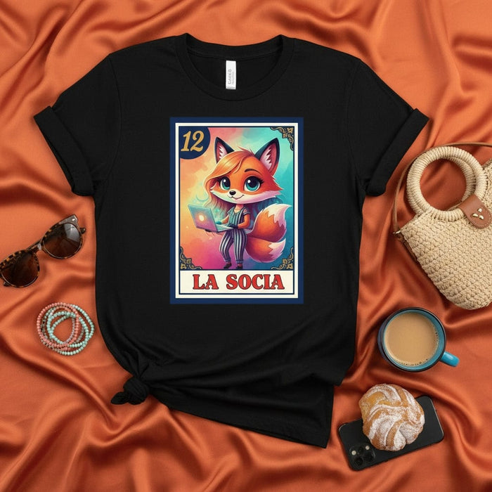 LA SOCIA Fox with Laptop T-Shirt, Cute Lotería Card 12 Graphic Tee, Entrepreneur Women's Business Partner Unisex Shirt, Hispanic Culture Game Design Apparel Gift Mexicada