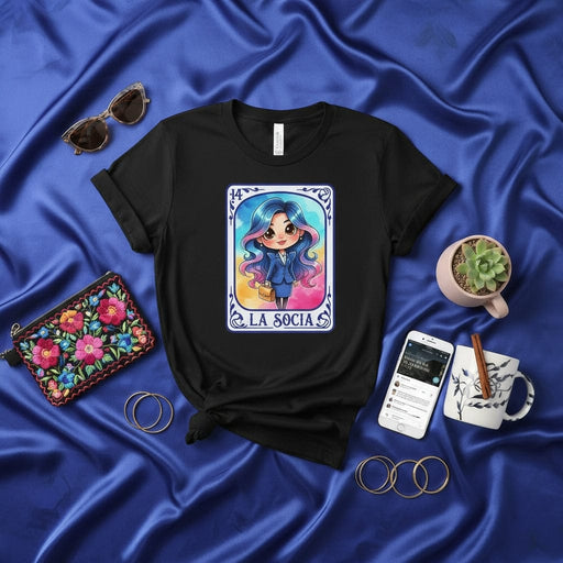 La Socia Latina Loteria Card T-Shirt Cute Cartoon Style Business Woman Boss Entrepreneur Gift Tee Unisex Black Shirt Mexicada