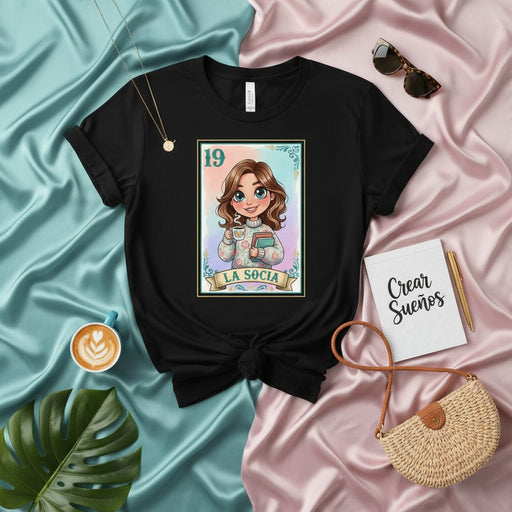 LA SOCIA Latina Lotería Card T-Shirt Cute Cartoon Woman Coffee Book Graphic Tee Unisex Gift for Her Mexicada