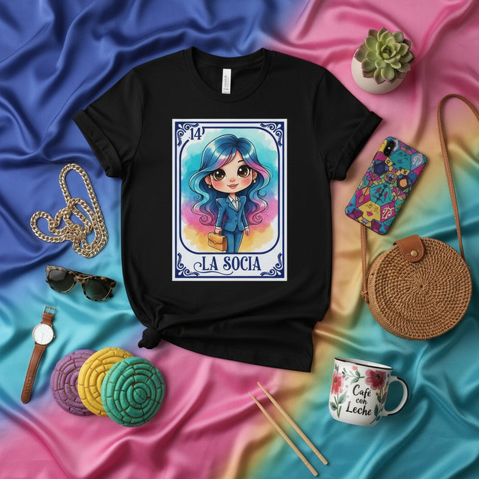 La Socia Loteria Card T-Shirt Cute Boss Babe Businesswoman Graphic Tee Mexican Bingo Game Art Latina Entrepreneur Gift Idea Unisex Black Shirt Mexicada