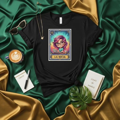 LA SOCIA Lotería Card T-Shirt - Cute Cartoon Graphic Tee for Business Partner, Entrepreneur, or Female Boss - Mexican Bingo Inspired Design - Funny Gift for Her Mexicada