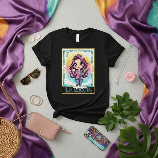 LA SOCIA Loteria Card T-Shirt: Cute Cartoon Woman Graphic Tee, Mexican Bingo Inspired Design, Short Sleeve Unisex Fashion Top, Kawaii Style Pink Hair Girl with Coffee Cup and Phone Mexicada