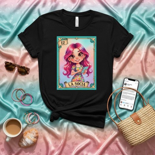 LA SOCIA Modern La Lotería Card T-Shirt, Cute Cartoon Girl with Pink Hair Graphic Tee, Mexican Bingo Game Inspired Unisex Shirt, Colorful Latina Style Apparel, Number 12 Design Gift Mexicada