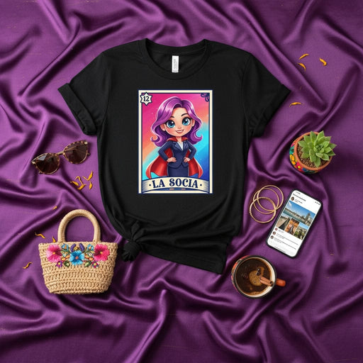 LA SOCIA Modern Loteria Card Shirt, Number 12 Female Superhero Graphic Tee, Mexican Bingo Inspired Unisex Black T-Shirt, Gift for Latina Businesswoman and Entrepreneur Mexicada