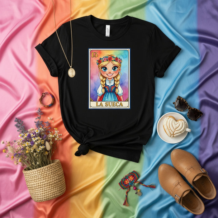 LA SUECA Cute Blonde Girl Loteria Card T-Shirt, Scandinavian Woman Floral Crown Graphic Tee, Mexican Bingo Inspired Game Day Apparel, Unisex Folk Art Style Gift Mexicada
