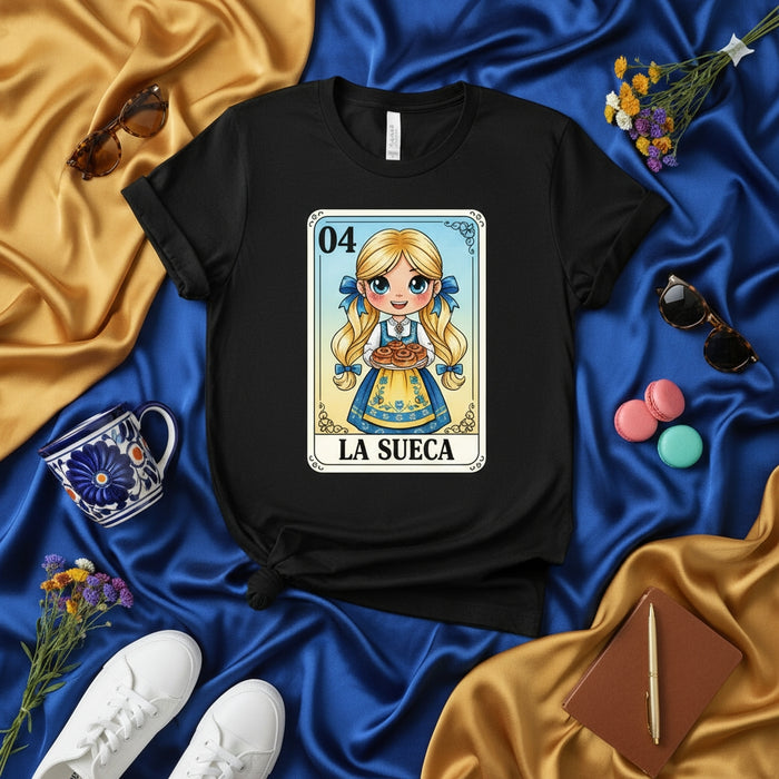 LA SUECA Cute Blonde Girl Lotería Card Tee, Swedish Girl with Cinnamon Rolls Graphic T-Shirt, Mexican Bingo Style Apparel, Novelty Cultural Game Art Print Unisex Shirt, Number 04 Black Top Mexicada