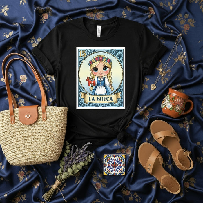 LA SUECA Cute Scandinavian Blonde Girl La Lotería Card Tee Unisex Graphic T-Shirt Santa Lucia Crown Flower Wreath Design Number 15 Gift Mexicada