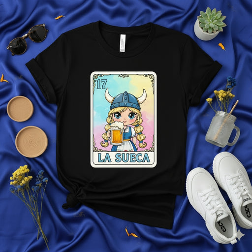 LA SUECA Cute Viking Girl with Beer T-Shirt, Funny Scandinavian Swedish Woman Lotería Card Design, Unique Unisex Graphic Tee Gift, Number 17 Print Mexicada