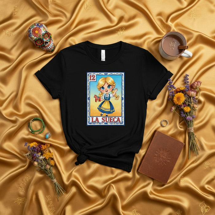 La Sueca Loteria Card Shirt, Cute Swedish Girl Design, Unisex Black Graphic Tee, Mexican Bingo Game Folk Art Style T-Shirt Gift, Card 12 Apparel Mexicada