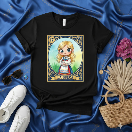 LA SUECA Loteria Card T-Shirt: Blonde Girl with Big Eyes in Swedish Folk Dress, Number 17 Black Unisex Tee, Cute Scandinavian Heritage Style Gift Mexicada