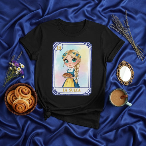 LA SUECA Loteria Card T-Shirt, Cute Blonde Girl in Braids and Flower Crown Holding Cinnamon Rolls, Swedish Inspired Cartoon Graphic Tee, Unisex Hispanic Game Design Apparel Mexicada