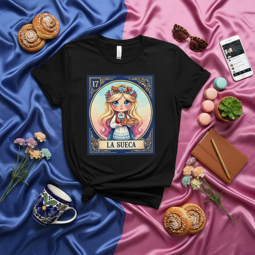 La Sueca Lotería Card T-Shirt: Cute Swedish Girl Design, Mythical Blonde Doll with Flower Crown, Mexican Bingo Style Graphic Tee, Unisex Black Shirt with Blue Frame, Folk Art Style Gift Mexicada