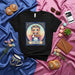 La Sueca Lotería Card T-Shirt: Cute Swedish Girl Design, Mythical Blonde Doll with Flower Crown, Mexican Bingo Style Graphic Tee, Unisex Black Shirt with Blue Frame, Folk Art Style Gift Mexicada