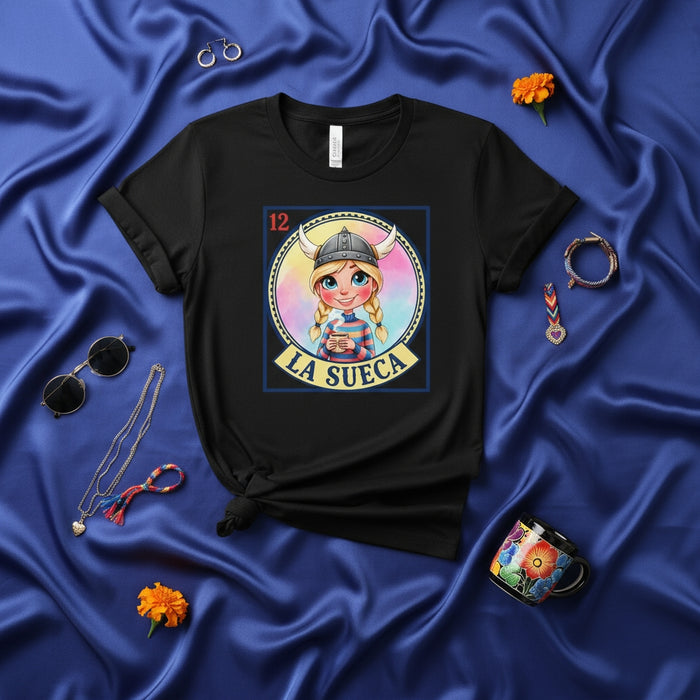 La Sueca Loteria Card T-Shirt, Viking Girl in Horned Helmet Graphic Tee, Number 12 Mexican Bingo Game Design, Cute Blonde Braids Artwork, Unisex Shirt Mexicada
