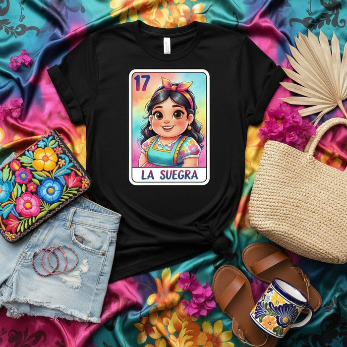 La Suegra Cute Cartoon Loteria Card T-Shirt, Mexican Bingo Game Card 17 Graphic Tee, Funny Mother-in-Law Gift, Hispanic Culture Apparel, Black Unisex Shirt with Colorful Design Mexicada