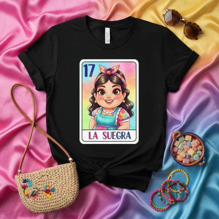 LA SUEGRA Cute Cartoon Loteria Card T-Shirt, Mexican Bingo Game Design Tee, Fun Mother-in-Law Graphic Shirt, Unisex Apparel, Latin Culture Gift Mexicada