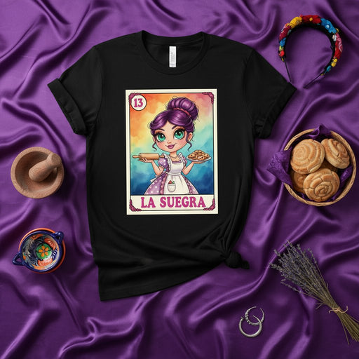La Suegra Loteria Card T-Shirt, Cute Mexican Baker Mother-in-Law Graphic Tee, Traditional Game Inspired Art Print Shirt, Unisex Apparel for Latina Foodies, Number 13 Design Mexicada