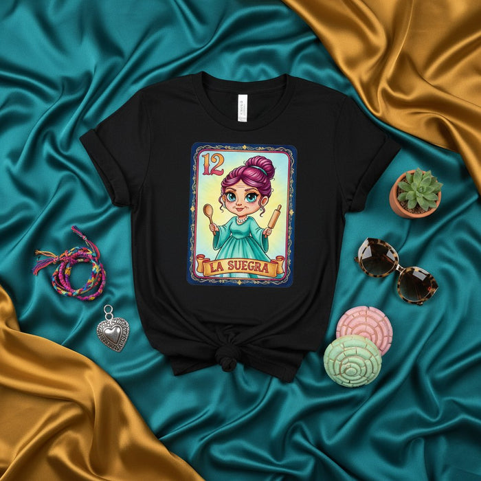 La Suegra Loteria Card T-Shirt, Funny Mexican Mother-in-Law Graphic Tee, Number 12 Design, Cute Cartoon Art, Unisex Black Shirt, Cultural Game Wear, Gift for Mom or Wife Mexicada