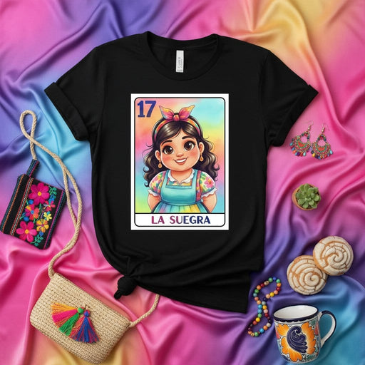 LA SUEGRA Mexican Loteria Card T-Shirt Cute Cartoon Art Colorful Rainbow Design Unisex Tee Gift for Mother-in-Law Hispanic Culture Game Number 17 Print Mexicada