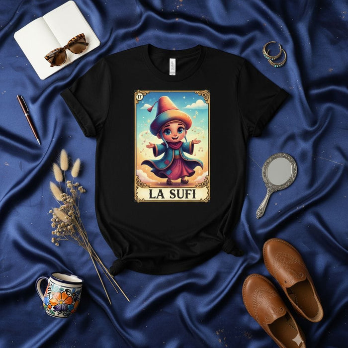 LA SUFI Cute Cartoon Witch Loteria Card Style Graphic T-Shirt, Unisex Novelty Mystic Wizard Tee Shirt, Magical Fantasy Art Apparel Gift for Her Him, Spanish Card Game Design Clothing Mexicada