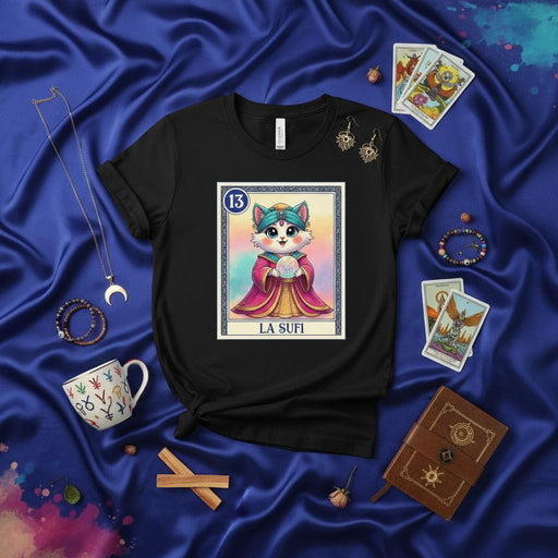 LA SUFI Cute Cat Tarot Card Loteria T-Shirt, Mystical Cat Kitten Fortune Teller Graphic Tee, Unisex Spiritual Magic Crystal Ball Design, Number 13 Lotería Game Inspired Shirt Mexicada