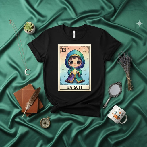 LA SUFI Cute Chibi Loteria Card $13$ Tarot Inspired Unisex T-Shirt - Mystical Spirituality Gift Tee for Him Her Friend Mexicada