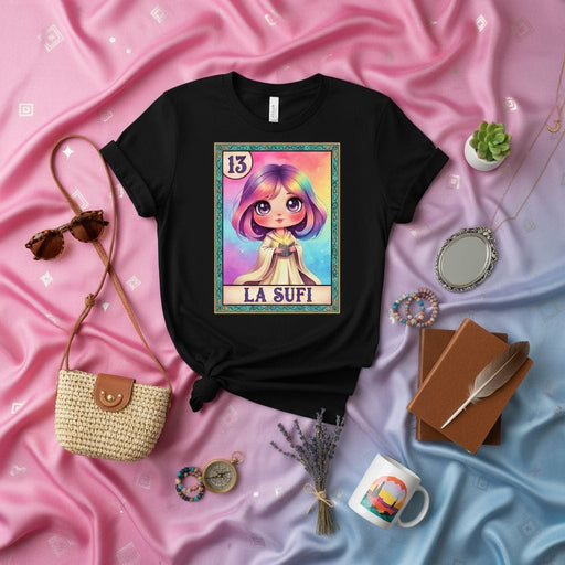LA SUFI Cute Kawaii Anime Girl Loteria Card Style T-Shirt, Pastel Rainbow Aesthetic Design, Number 13 Mexican Bingo Game Inspired Unisex Tee Gift Mexicada
