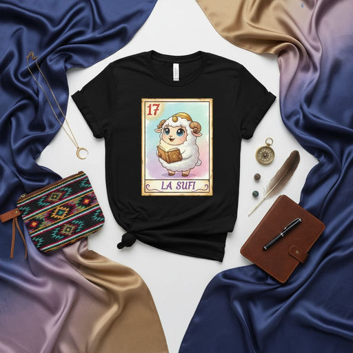LA SUFI Cute Sheep Lotería Card 17 Unisex T-Shirt - Spiritual Lamb with Book Tee - Mexican Bingo Inspired Design Gift Idea Mexicada