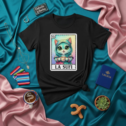 LA SUFI Kawaii Cat Coffee Mug La Loteria Card Graphic Tee Unisex Black T-Shirt Cute Kitten Design Mexico Game Art Apparel Gift Mexicada