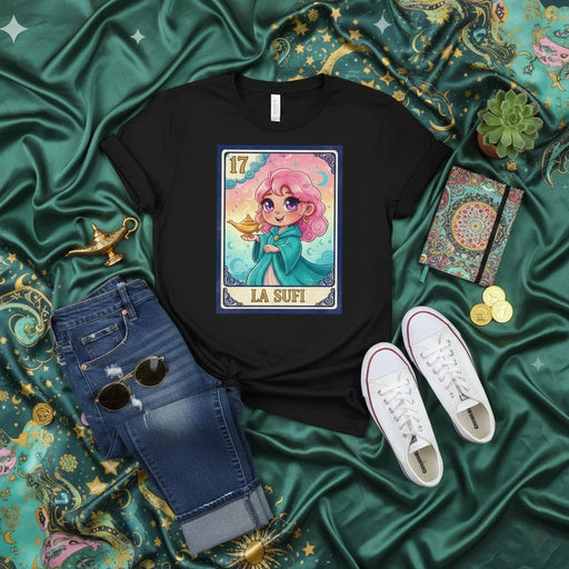 LA SUFI La Loteria Card 17 T-Shirt, Cute Pink Hair Girl with Magic Lamp Graphic Tee, Mystical Zodiac Tarot Style Mexican Bingo Game Shirt, Unisex Fashion Apparel Gift for Her Him Mexicada