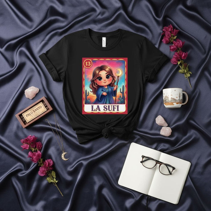 LA SUFI Lotería Card T-Shirt, Chibi Witch Crescent Moon Staff Desert Theme Graphic Tee, Unique Mystic Spiritual Latina Inspired Unisex Shirt Gift Mexicada