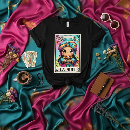 LA SUFI Loteria Card T-Shirt Cute Chibi Design Unisex Tee Colorful Mystical Spiritual Coffee Lover Shirt Mexicada