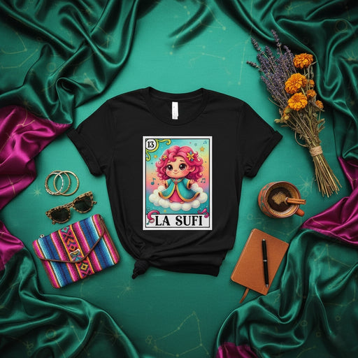 LA SUFI Loteria Card T-Shirt Cute Pink Hair Girl on Cloud Number 13 Mexican Bingo Game Shirt Unisex Graphic Tee Gift Idea Mexicada