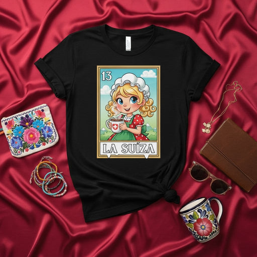 LA SUÍZA Cute Swiss Girl Loteria Card T-Shirt Funny Mexico Lotería Game Inspired Graphic Tee Unisex Black Shirt Number 13 Mexicada