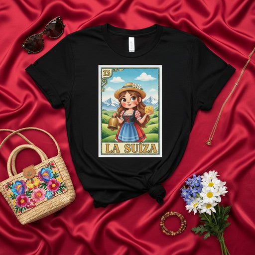 LA SUIZA Loteria Card T-Shirt, Swiss Woman with Cowbell and Cheese, Number 13, Mexico Game Inspired Unisex Graphic Tee, Alpine Country Fairytale Outfit, Cute Yodeling Girl Costume Top, Cultural Heritage Gift Idea Mexicada