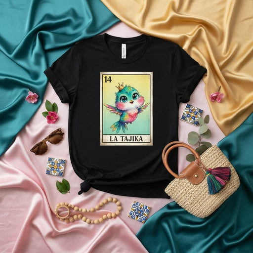LA TÁJIKA Loteria Card Shirt, Cute Chibi Bird Graphic Tee, Number 14 Mexican Bingo Game Design, Unisex T-shirt for Him or Her, Cultural Gift Idea Mexicada