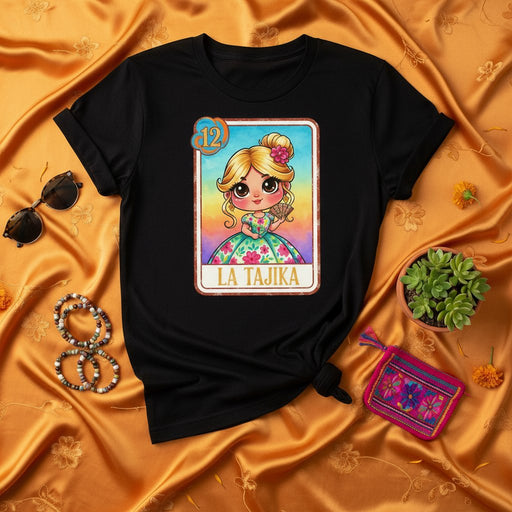 LA TAJIKA Loteria Card T-Shirt: Cute Latina Girl Graphic Tee, Mexican Bingo Inspired Design, Short Sleeve Unisex Shirt, Colorful Day of the Dead Sugar Skull Aesthetic Clothing for Women and Men Mexicada