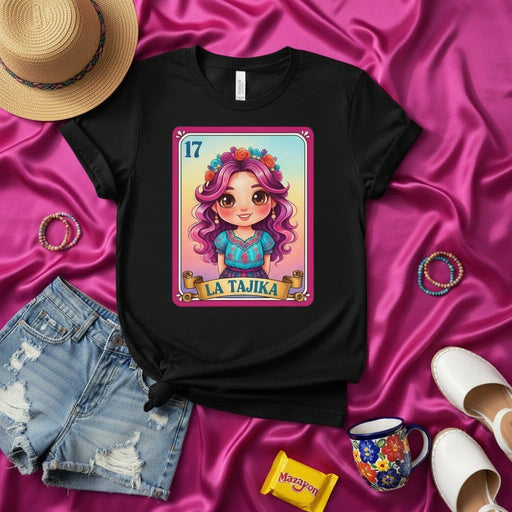 LA TAJIKA Loteria Card T-Shirt | Cute Mexican Bingo Game Art Tee | Kawaii Girl Design | Women's Hispanic Culture Fashion Apparel | Number 17 | Unisex Gift Idea Mexicada