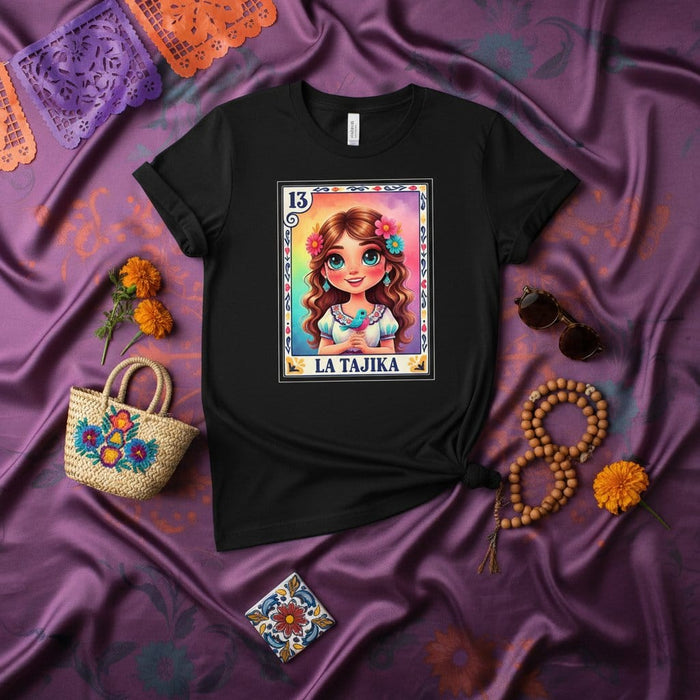 LA TAJIKA Loteria Card T-Shirt, Mexican Bingo Game Art Tee, Cute Girl with Bird, Vibrant Floral Design, Traditional Culture Unisex Shirt, Number 13 Mexicada