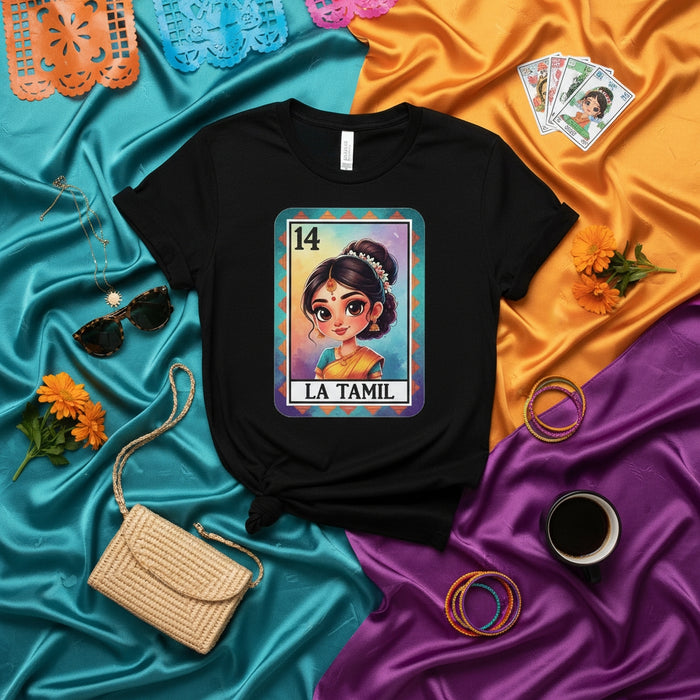 LA TAMIL Card 14 Unisex T-Shirt - Cute Cartoon Tamil Girl Traditional Indian Jewelry Bindi South Asian Pride Culture Lotería Design Tee Shirt Gift Mexicada